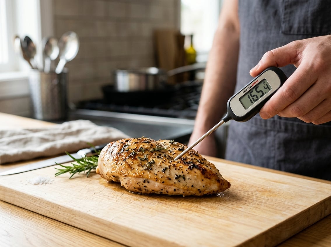 Close-up of a cooked chicken breast with a digital meat thermometer inserted, on a white cutting board in a kitchen.