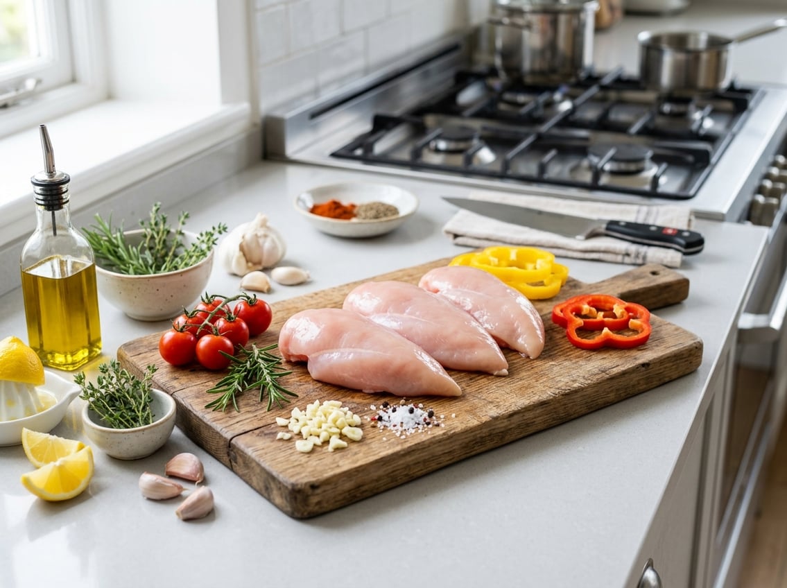 Fresh raw chicken breasts on a wooden cutting board surrounded by fresh herbs, vegetables, and cooking ingredients in a kitchen setting.