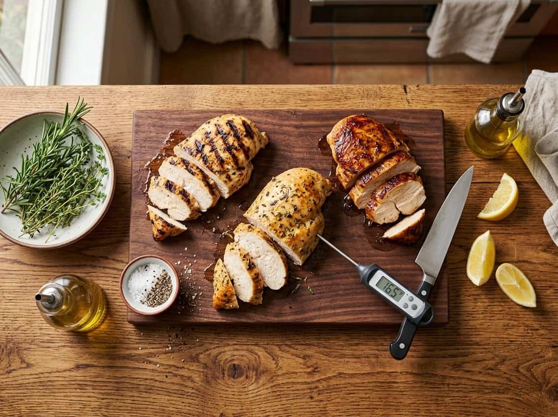 Various cooked chicken breast pieces prepared by different methods on a wooden countertop with cooking tools and fresh herbs.