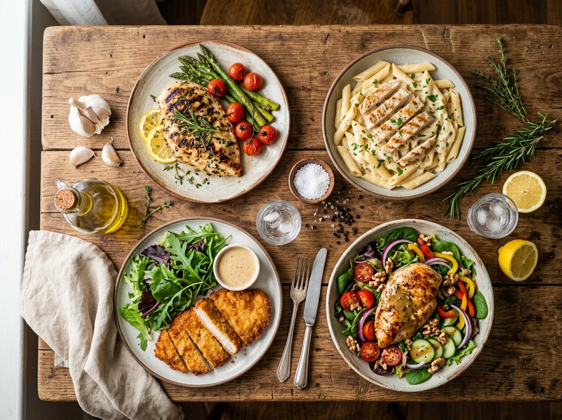 Top-down view of a wooden table with several plated chicken breast dishes and fresh ingredients arranged around them.