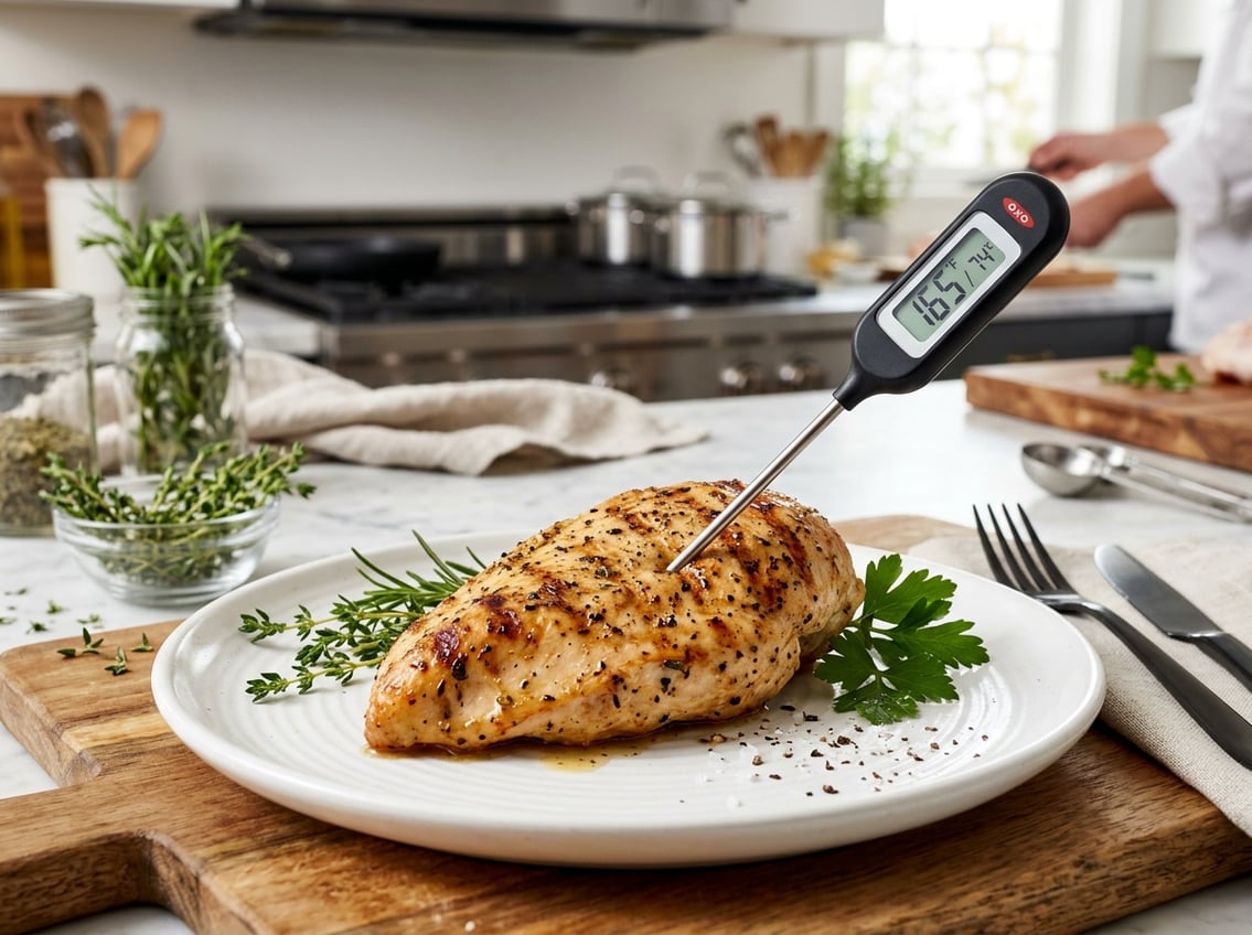 Close-up of a cooked chicken breast with a digital meat thermometer inserted, on a white plate in a modern kitchen setting with fresh herbs and cooking tools nearby.