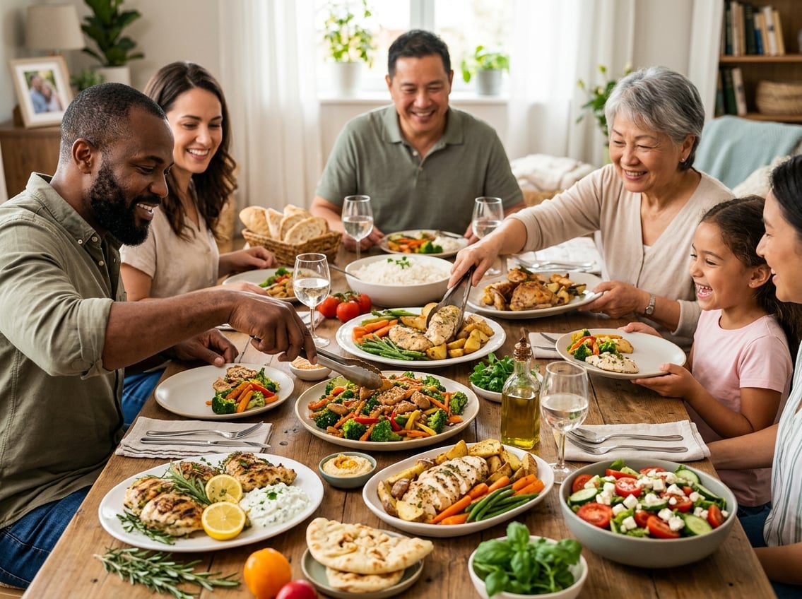 A family gathered around a dining table enjoying a variety of chicken breast dishes from different cuisines.