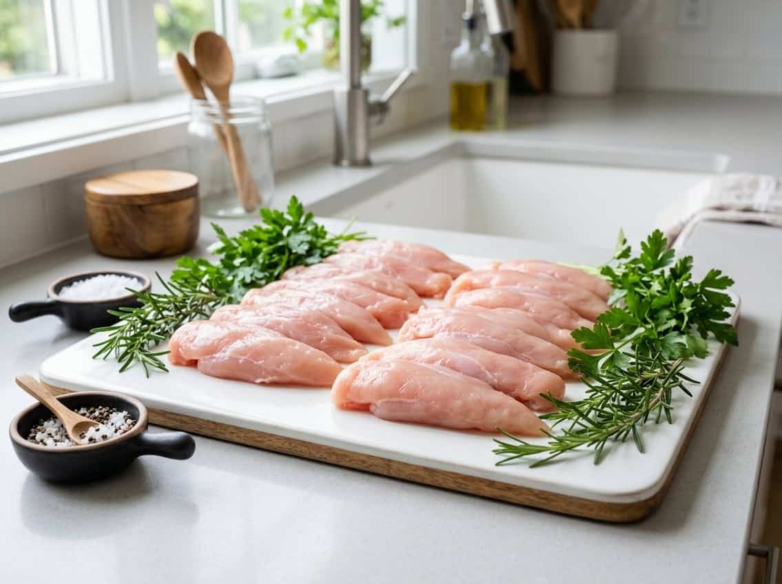 Raw chicken breast tenderloins arranged on a cutting board with fresh herbs in a kitchen setting.