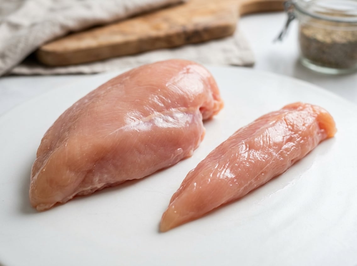 Close-up of raw chicken breast and chicken tenderloin placed side by side on a white surface.
