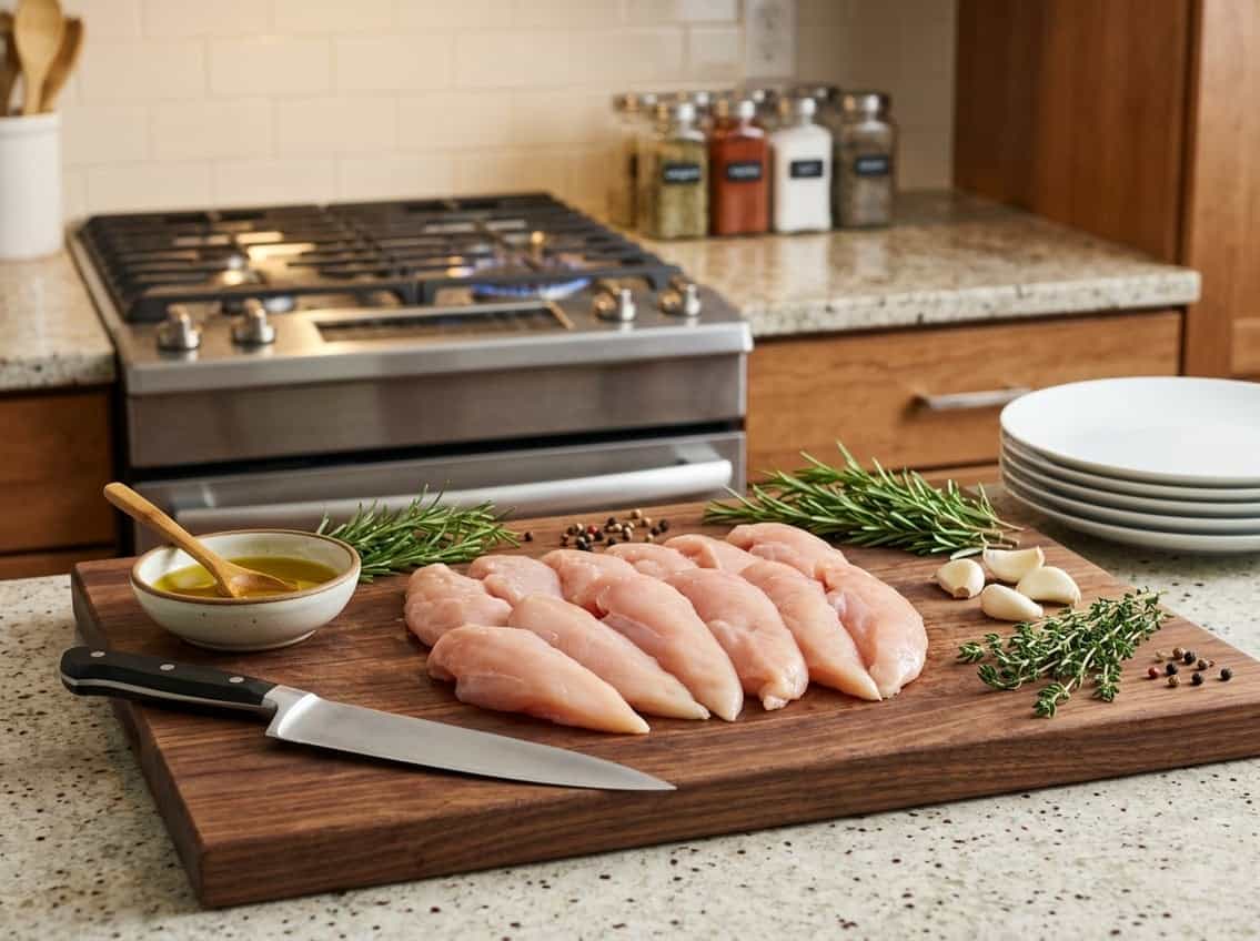 Raw chicken breast tenderloins arranged on a cutting board with fresh herbs, garlic, and kitchen utensils nearby.
