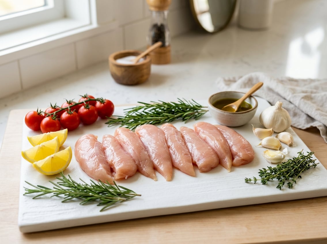 Raw chicken breast tenderloins on a cutting board surrounded by fresh herbs, garlic, tomatoes, and lemon wedges on a kitchen countertop.