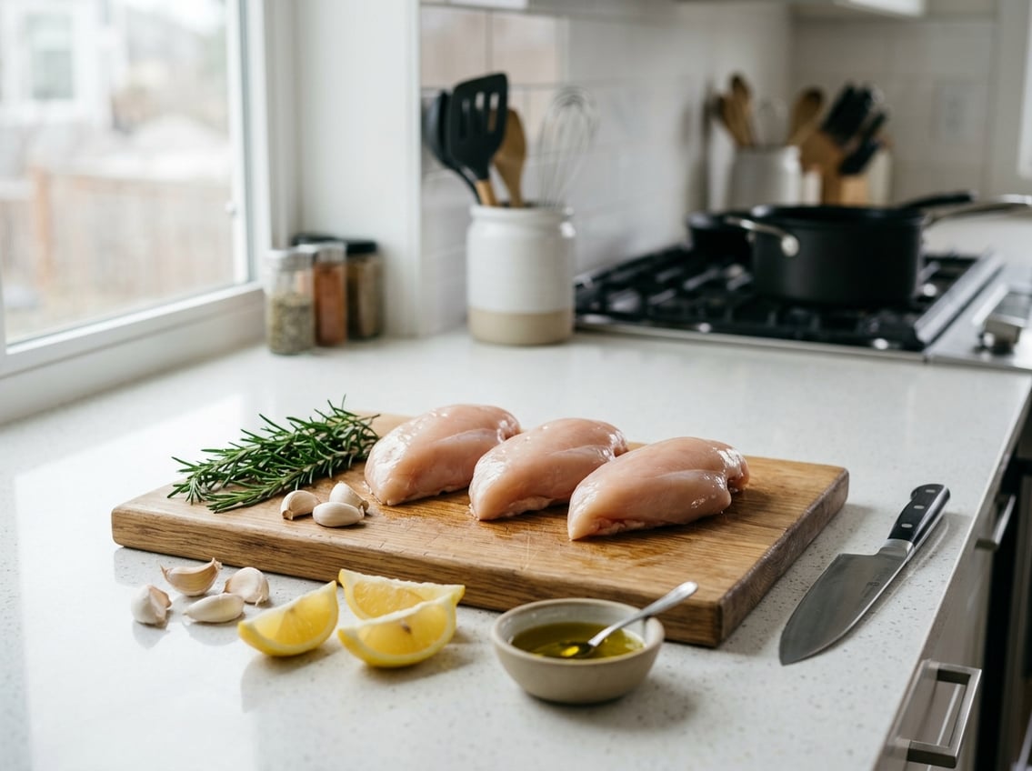 Fresh raw chicken breasts on a cutting board with herbs, garlic, lemon, and a knife on a kitchen countertop.