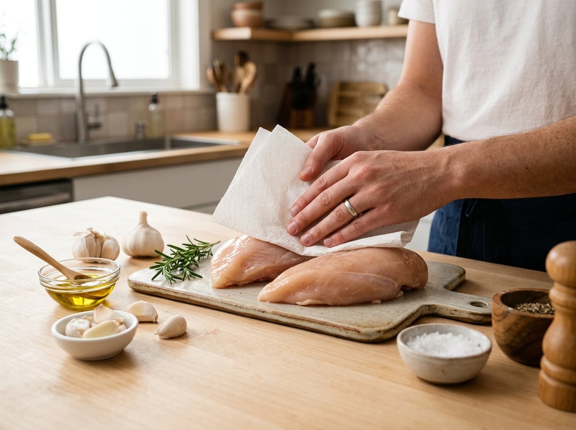 Hands preparing raw chicken breasts on a kitchen countertop with fresh herbs and seasoning nearby.