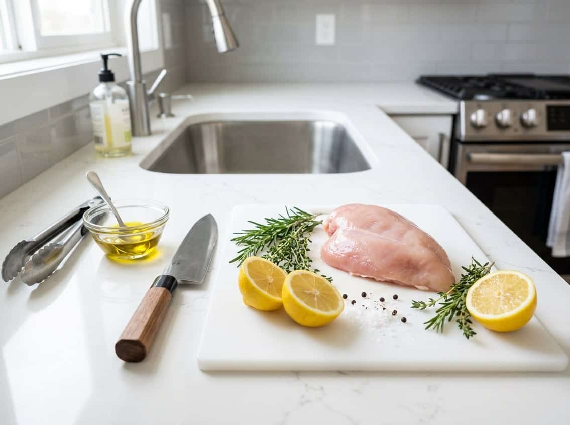 A fresh raw chicken breast on a cutting board with herbs, lemon, and kitchen utensils on a clean kitchen countertop.
