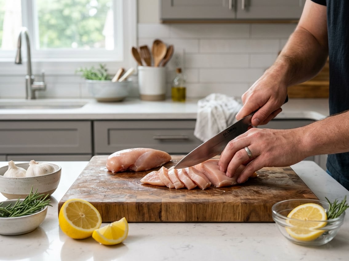 Hands slicing raw chicken breast on a wooden cutting board in a kitchen with fresh herbs nearby.