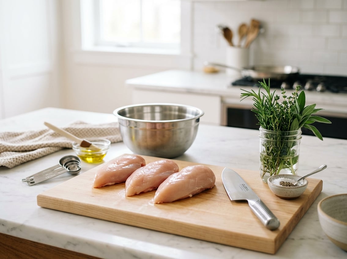 A kitchen workspace with raw chicken breasts on a cutting board, a knife, a glass jar of fresh herbs, and various cooking tools arranged neatly.