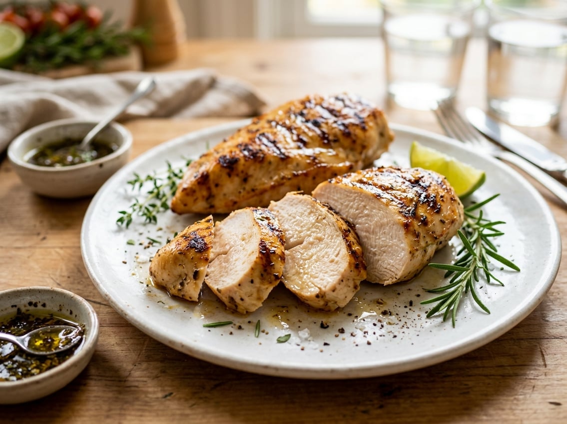 A sliced, juicy chicken breast on a white plate with fresh herbs and seasoning nearby.