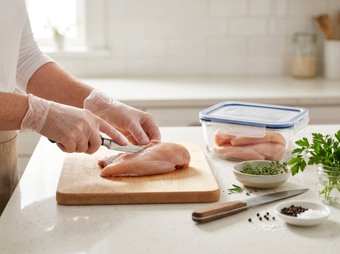 Hands trimming a raw chicken breast on a kitchen countertop with stored chicken breasts in a container nearby.