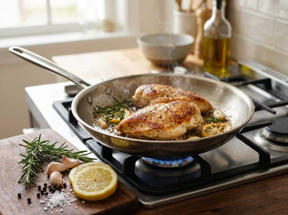Close-up of chicken breasts cooking in a frying pan on a stove with fresh herbs and lemon slices nearby.