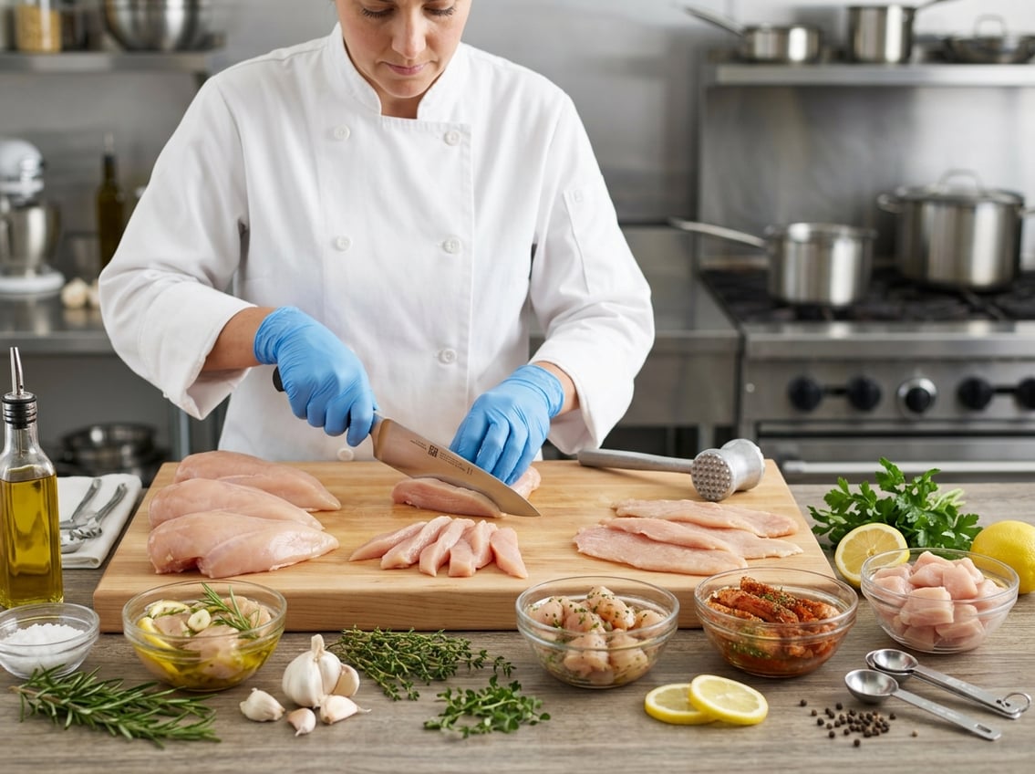 A kitchen countertop with raw chicken breasts in different preparation stages, surrounded by fresh herbs, spices, and kitchen tools.
