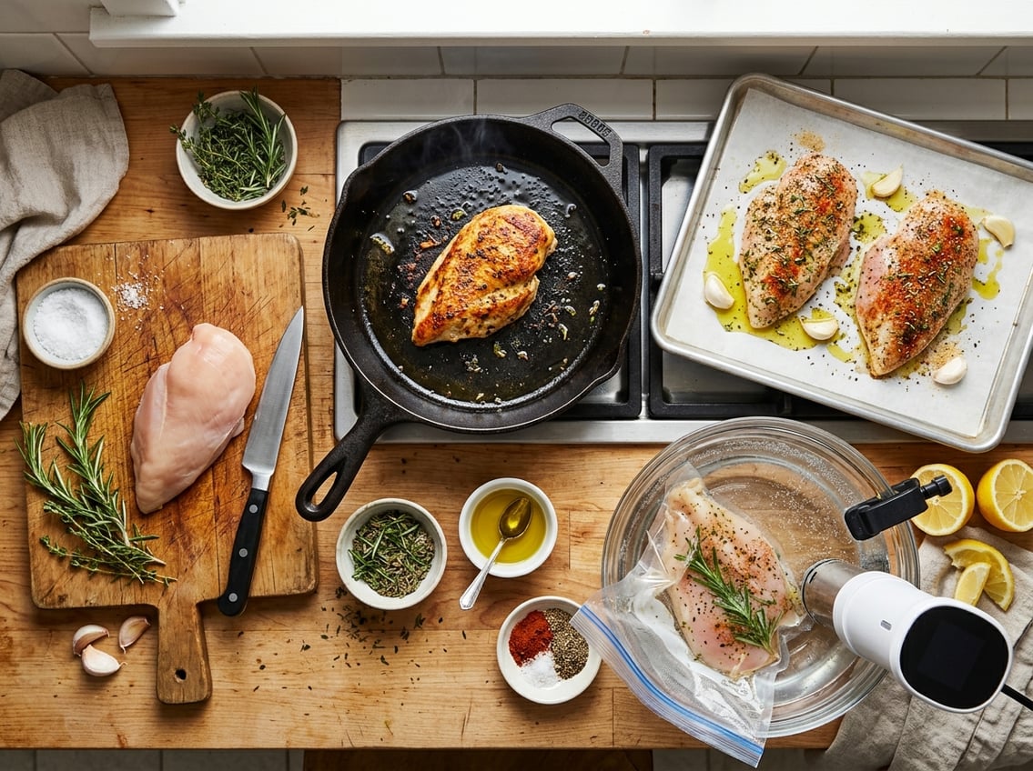 Top-down view of a kitchen countertop showing raw and cooked chicken breasts prepared using different cooking methods with fresh herbs and spices around.