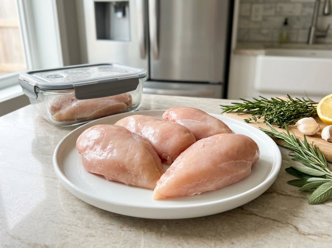 Fresh raw chicken breasts on a white plate with herbs and a food storage container on a kitchen countertop.