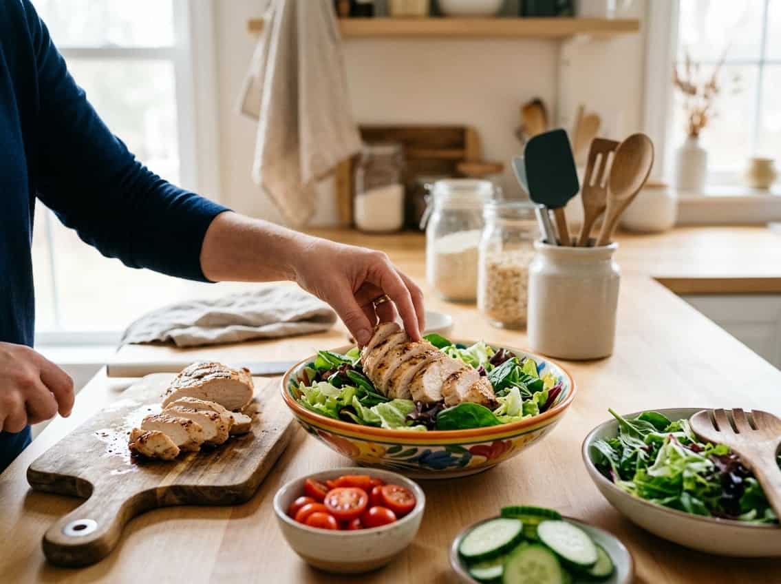 Hands preparing a salad with sliced cooked chicken breast and fresh vegetables on a kitchen countertop.