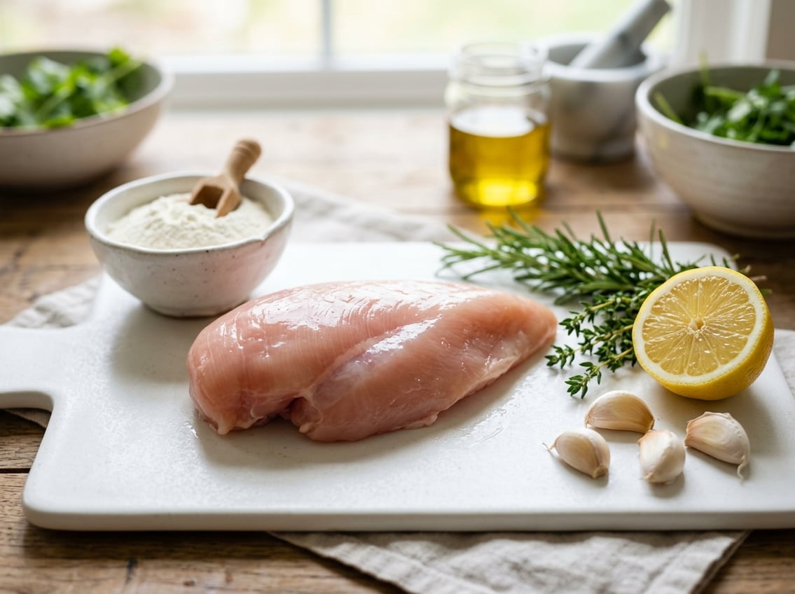 Close-up of a raw chicken breast on a white cutting board surrounded by herbs, lemon, garlic, and a bowl of protein powder.