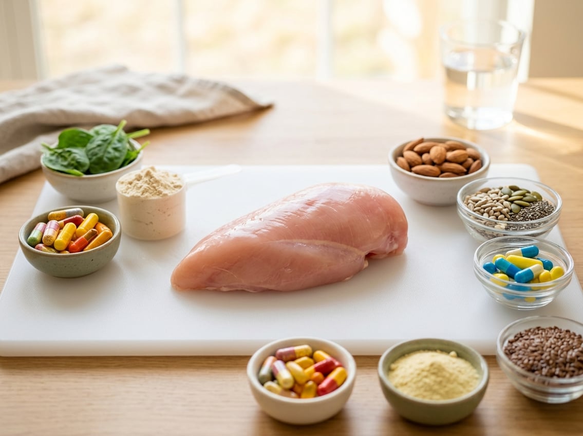 A raw chicken breast on a white cutting board surrounded by small bowls containing colorful capsules, powders, and natural ingredients like leafy greens, nuts, and seeds.