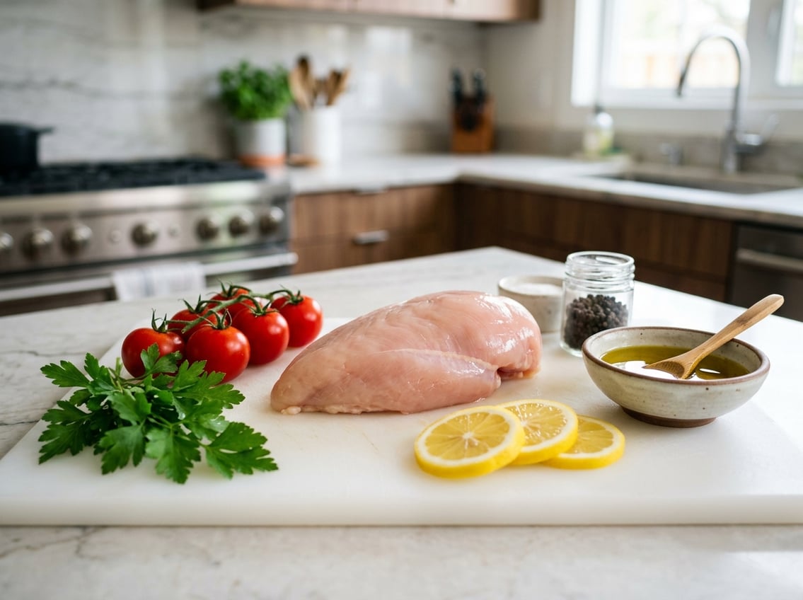 Fresh raw chicken breast on a cutting board surrounded by tomatoes, herbs, lemon slices, and olive oil in a kitchen setting.
