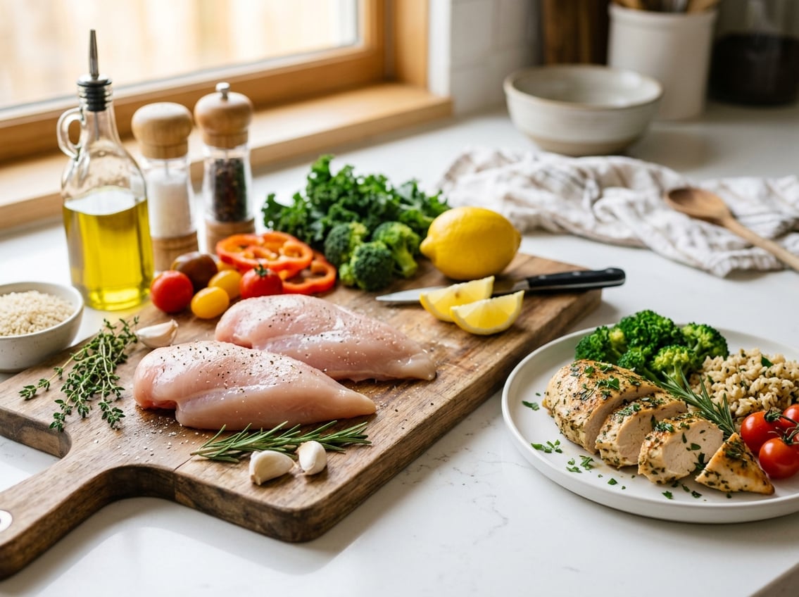 A kitchen countertop with raw and cooked chicken breasts, fresh herbs, vegetables, and cooking ingredients arranged for meal preparation.