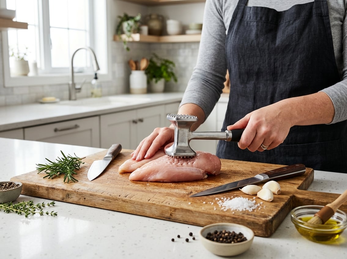 Hands pounding raw chicken breast on a cutting board with fresh herbs and garlic nearby in a bright kitchen.