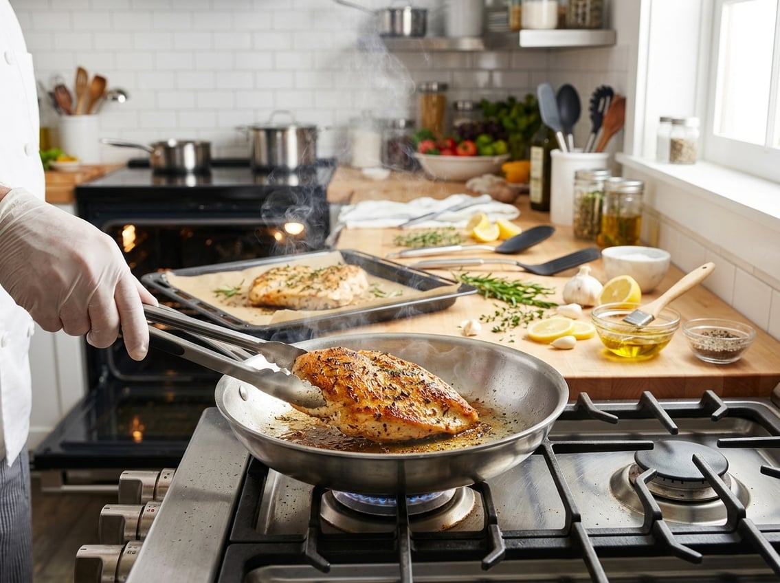 Chicken breast cooking in a skillet on a stovetop with another piece baking in the oven, surrounded by fresh herbs and cooking utensils.