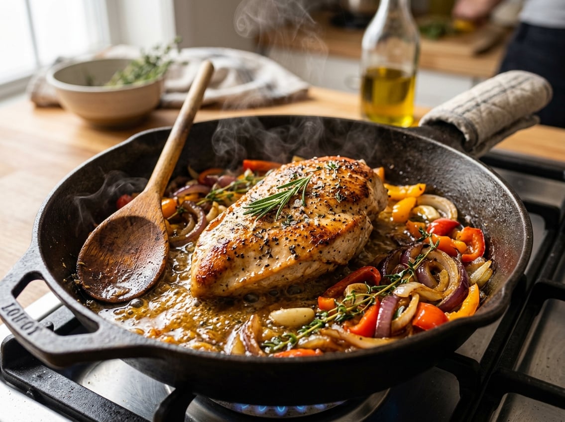 Close-up of a cooked chicken breast in a skillet with pan drippings and sautéed vegetables.