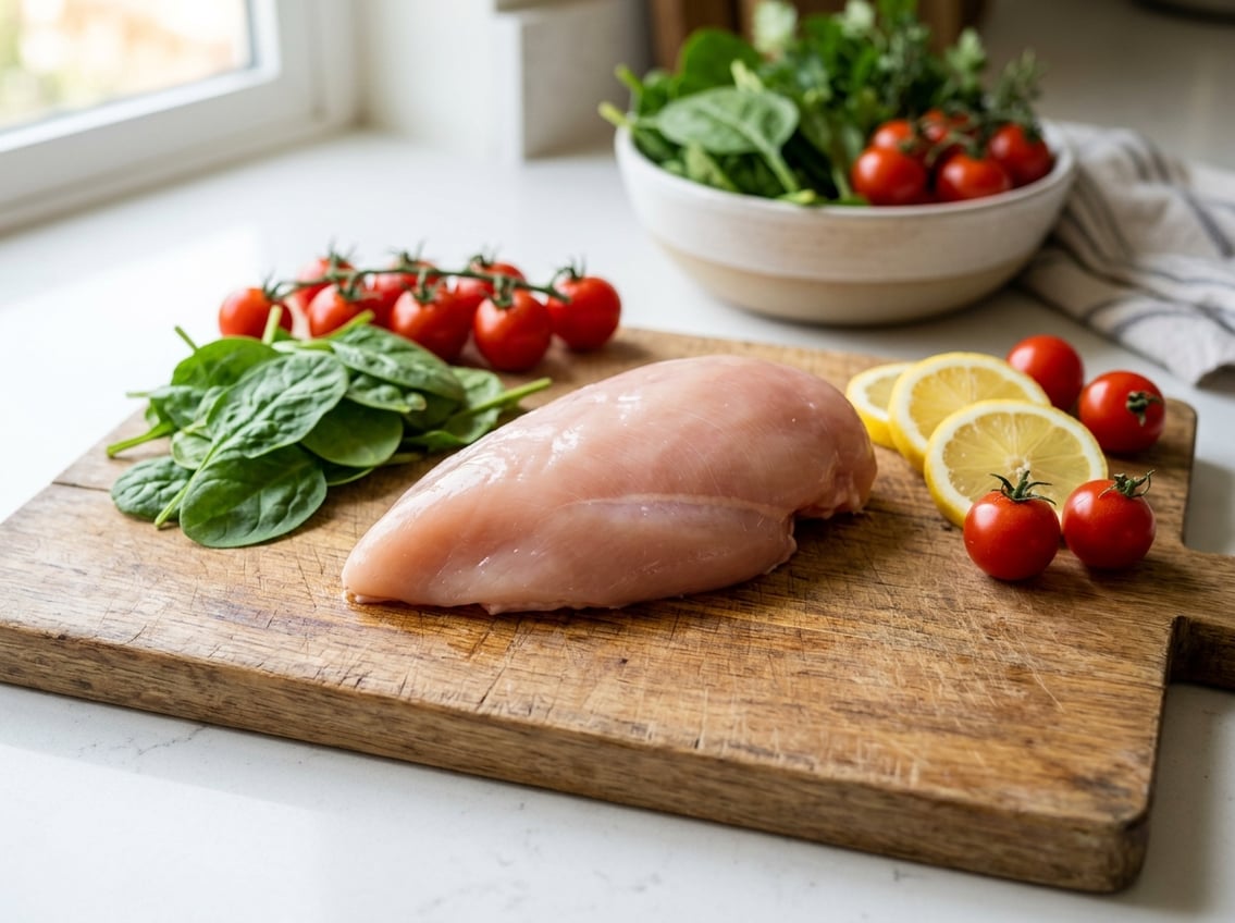 Raw chicken breast on a wooden cutting board surrounded by fresh vegetables including cherry tomatoes, spinach, and lemon slices.