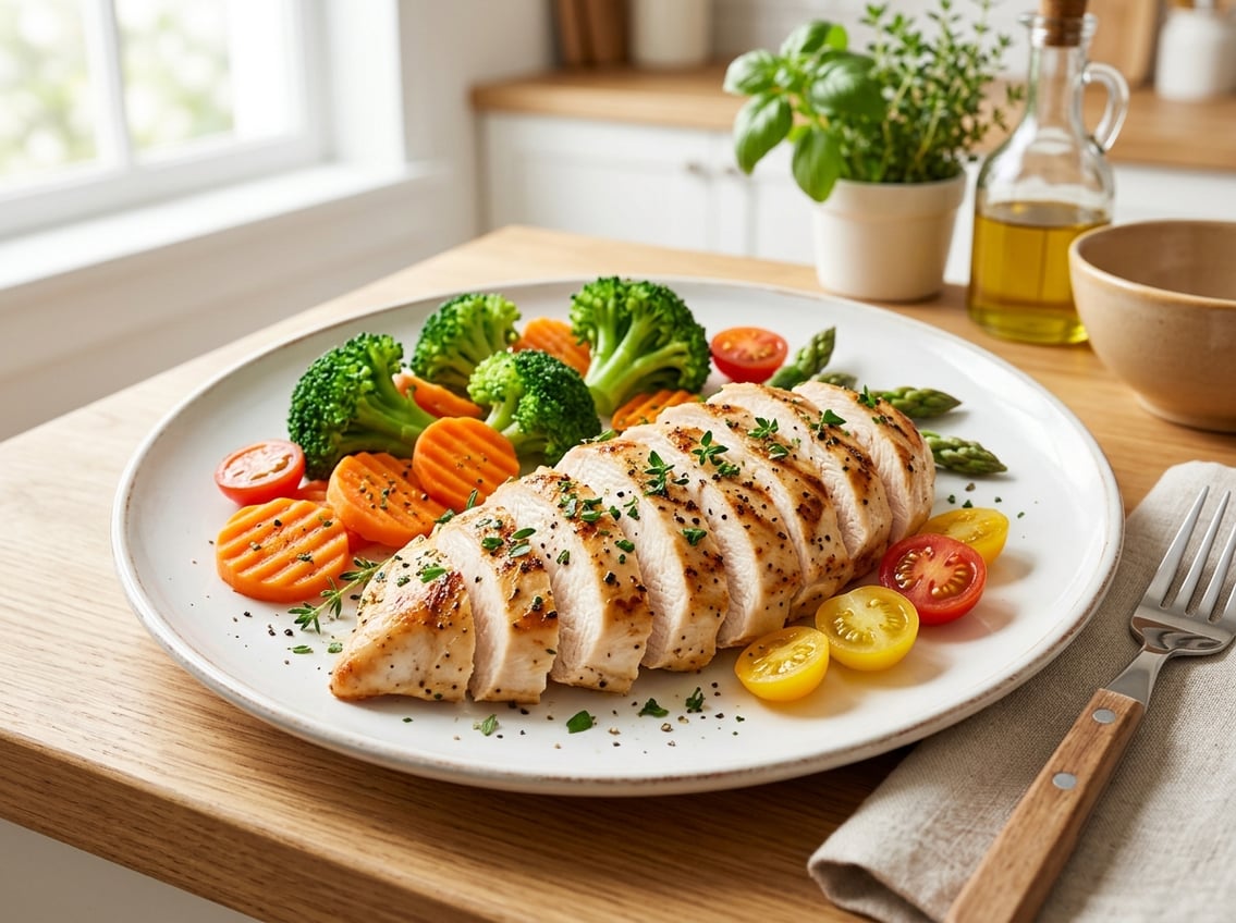 A plate with sliced cooked chicken breast and assorted fresh vegetables on a kitchen countertop.