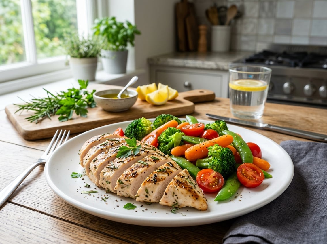 A plate with sliced grilled chicken breast and steamed vegetables on a kitchen counter with fresh herbs and lemon wedges nearby.