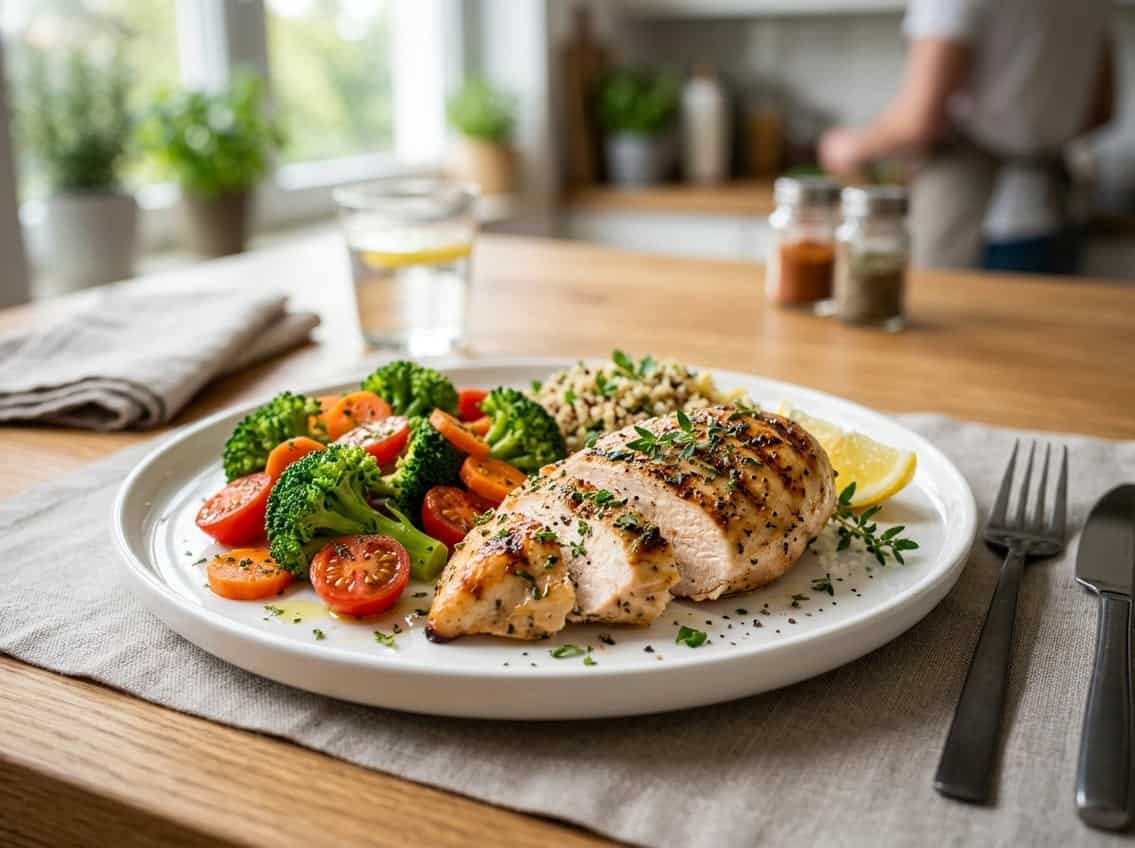 A plate with grilled chicken breast and fresh vegetables arranged on a table.
