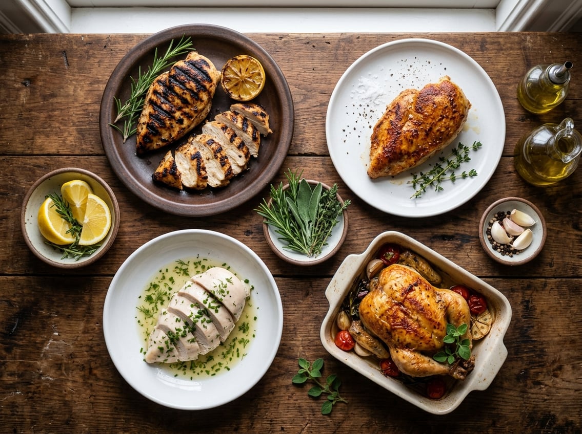 Top-down view of a wooden table displaying several cooked chicken breast dishes prepared using different methods with fresh herbs and ingredients around them.