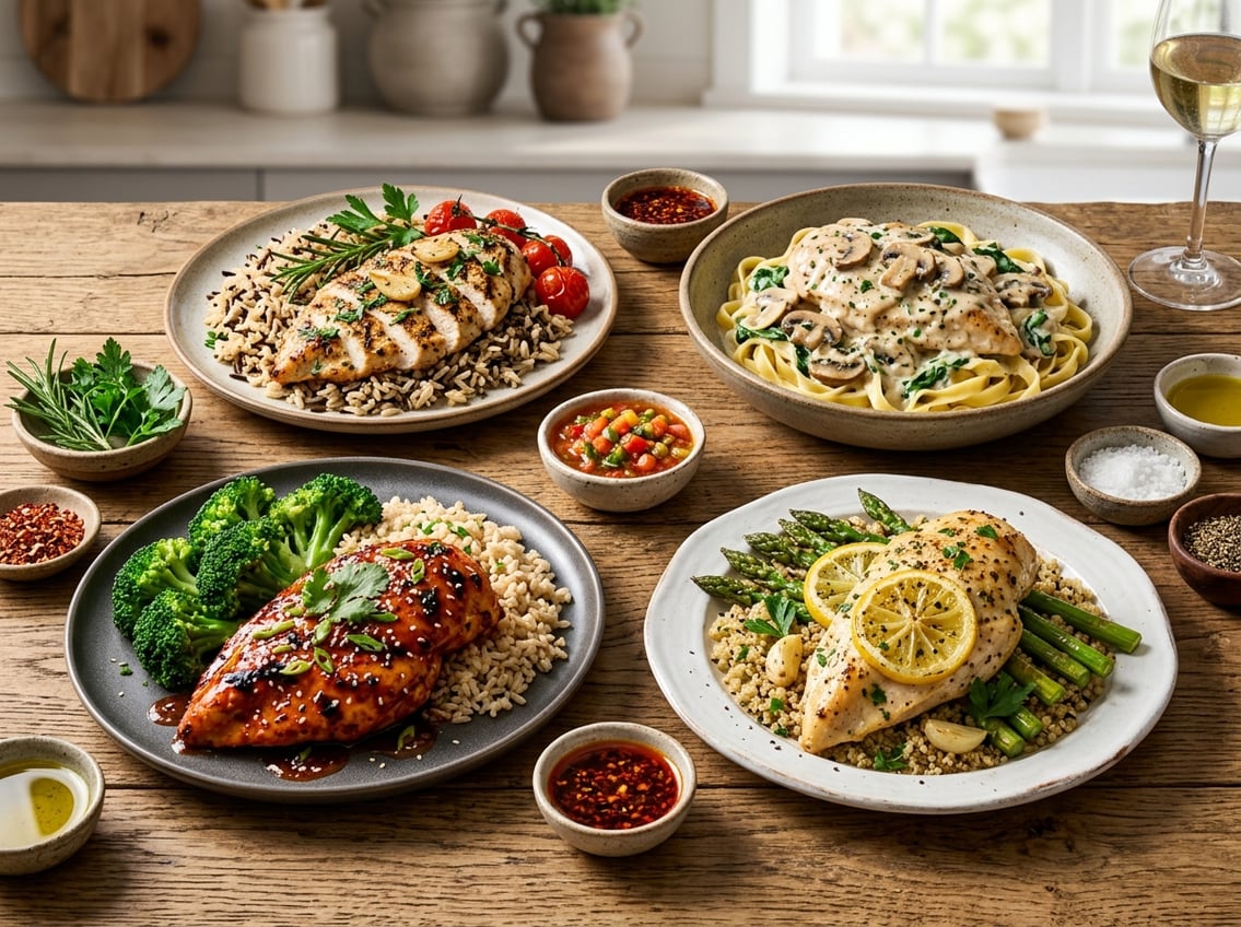 A variety of cooked chicken breast dishes with different flavors and garnishes arranged on a wooden table.