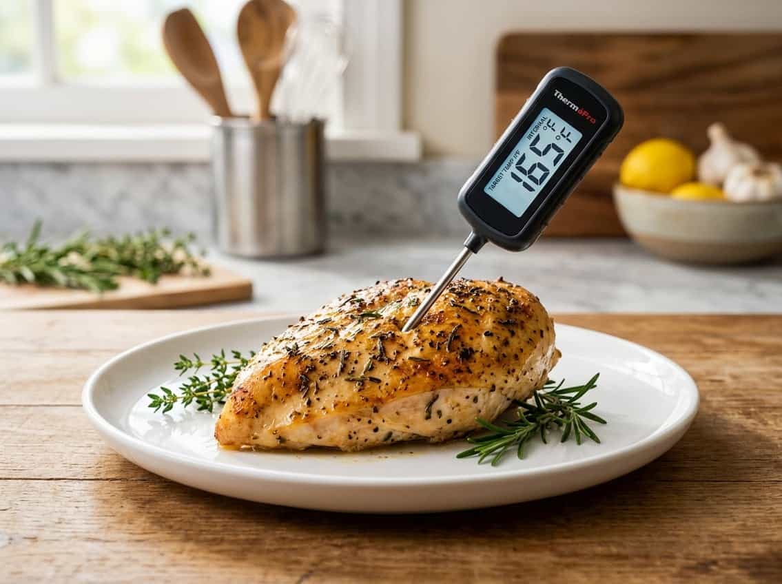 Close-up of a cooked chicken breast with a digital meat thermometer inserted, showing the internal temperature, on a white plate in a kitchen setting.