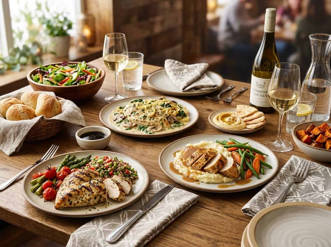 A table with several plates of different chicken breast dishes served with side dishes and salads.