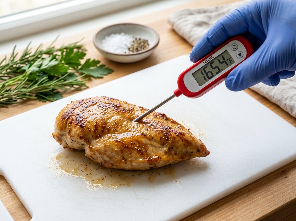 Close-up of a cooked chicken breast with a digital meat thermometer inserted, held by a gloved hand on a white cutting board with herbs in the background.