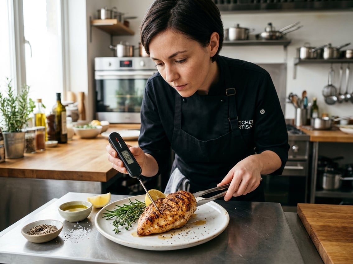 Chef checking the temperature of a cooked chicken breast with a meat thermometer in a modern kitchen.