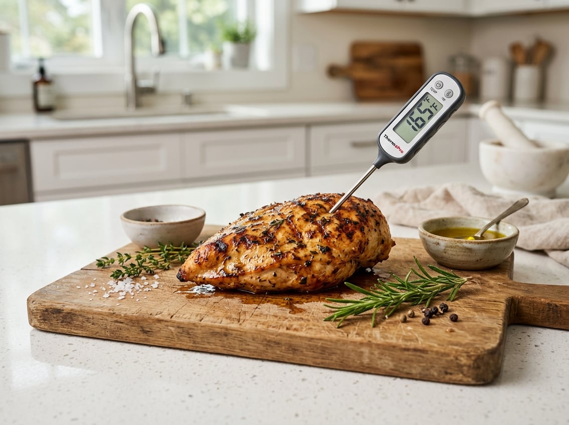 A cooked chicken breast on a wooden cutting board with herbs and a kitchen thermometer inserted into the meat.