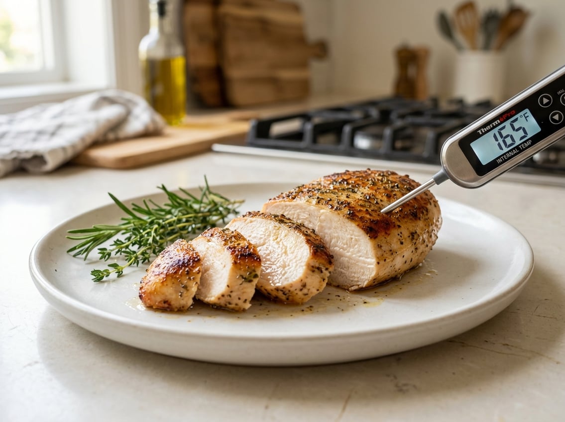 Close-up of a sliced cooked chicken breast on a white plate with a digital thermometer showing a safe internal temperature, surrounded by fresh herbs.