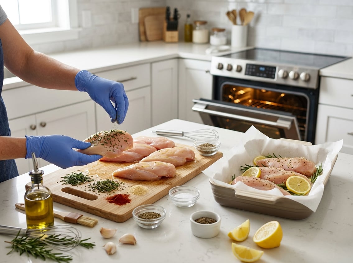 Hands seasoning raw chicken breasts on a kitchen countertop with herbs and spices, next to a baking dish and fresh ingredients.