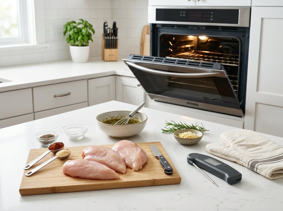 A kitchen countertop with raw chicken breasts, spices, a bowl of marinade, a meat thermometer, and an oven in the background.