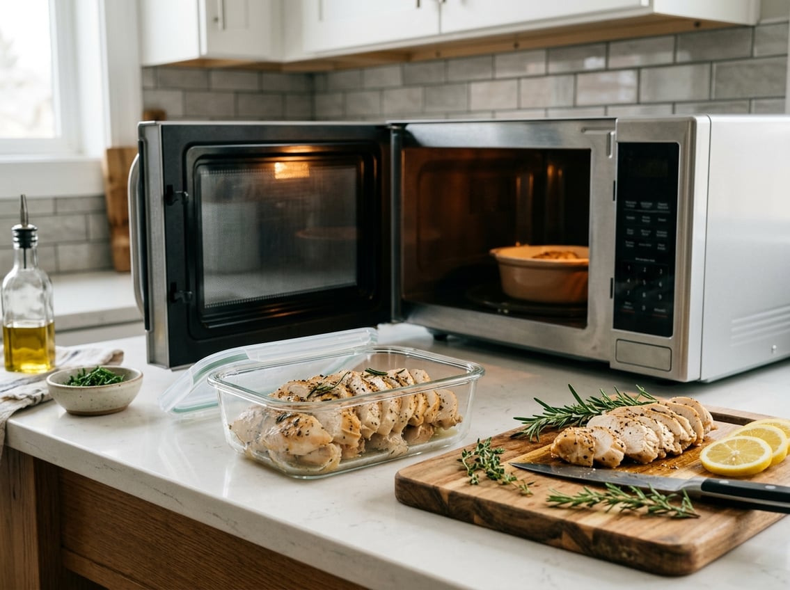 Freshly baked chicken breasts being stored in a glass container on a kitchen countertop with herbs and lemon slices nearby and a microwave in the background.