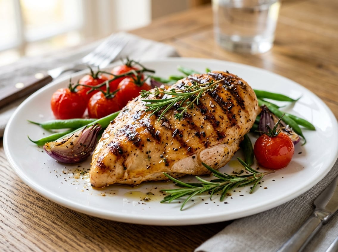 A cooked chicken breast on a white plate with fresh herbs and vegetables.