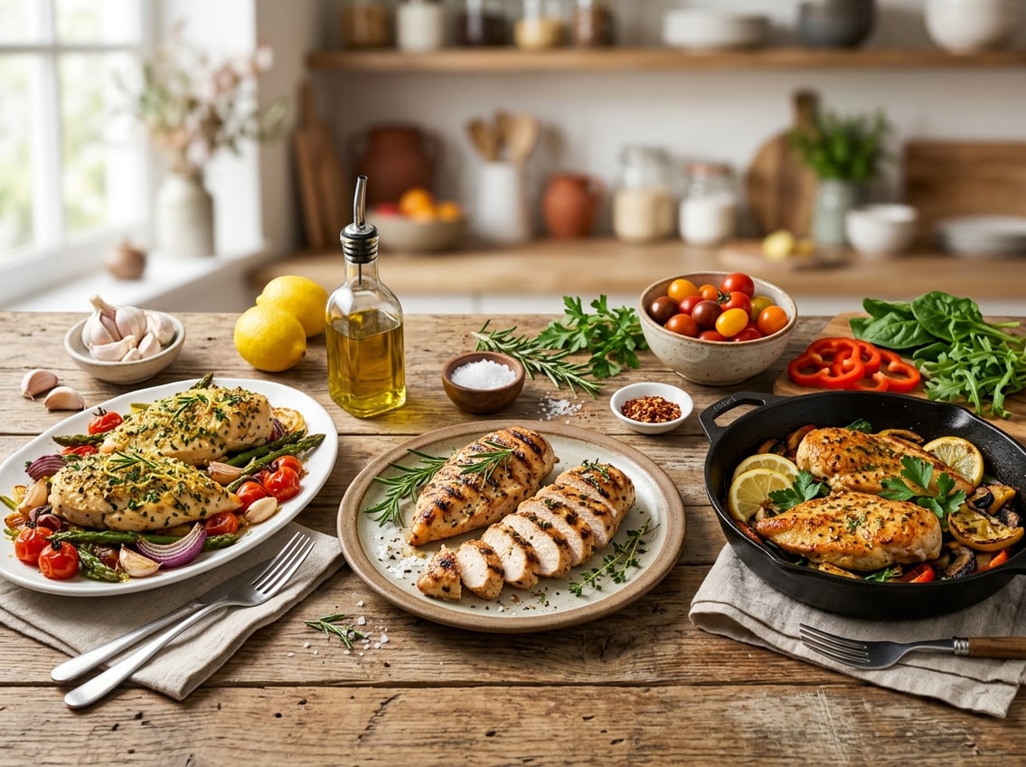 A table with various cooked chicken breast dishes garnished with herbs and surrounded by fresh vegetables and cooking ingredients.