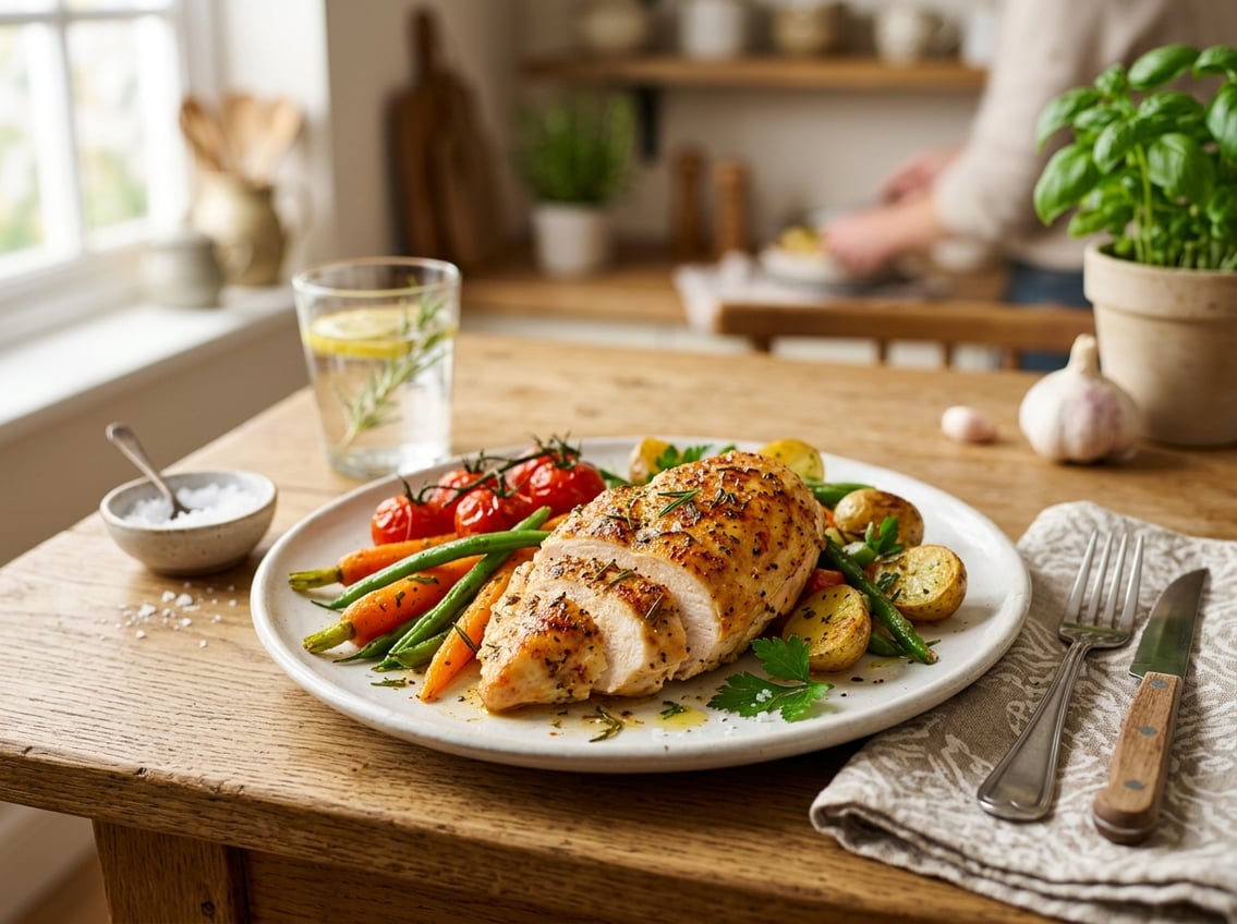 A cooked chicken breast served on a white plate with roasted vegetables on a dining table.