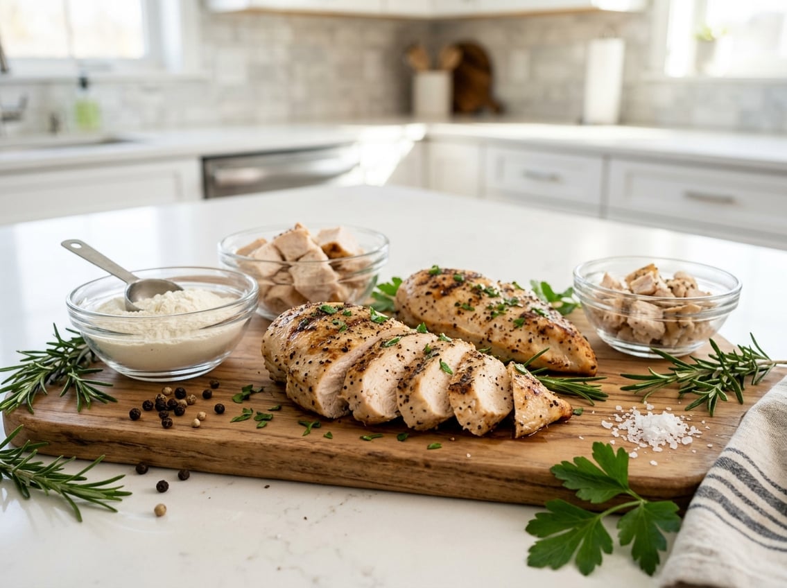 Close-up of cooked chicken breasts on a cutting board with small bowls showing different serving sizes, surrounded by fresh herbs on a kitchen countertop.