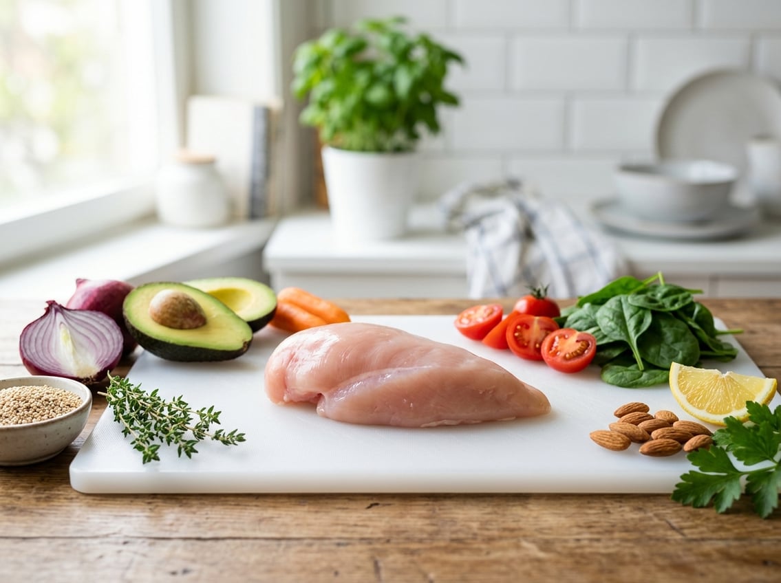 Raw chicken breast on a cutting board surrounded by vegetables and nuts in a kitchen.