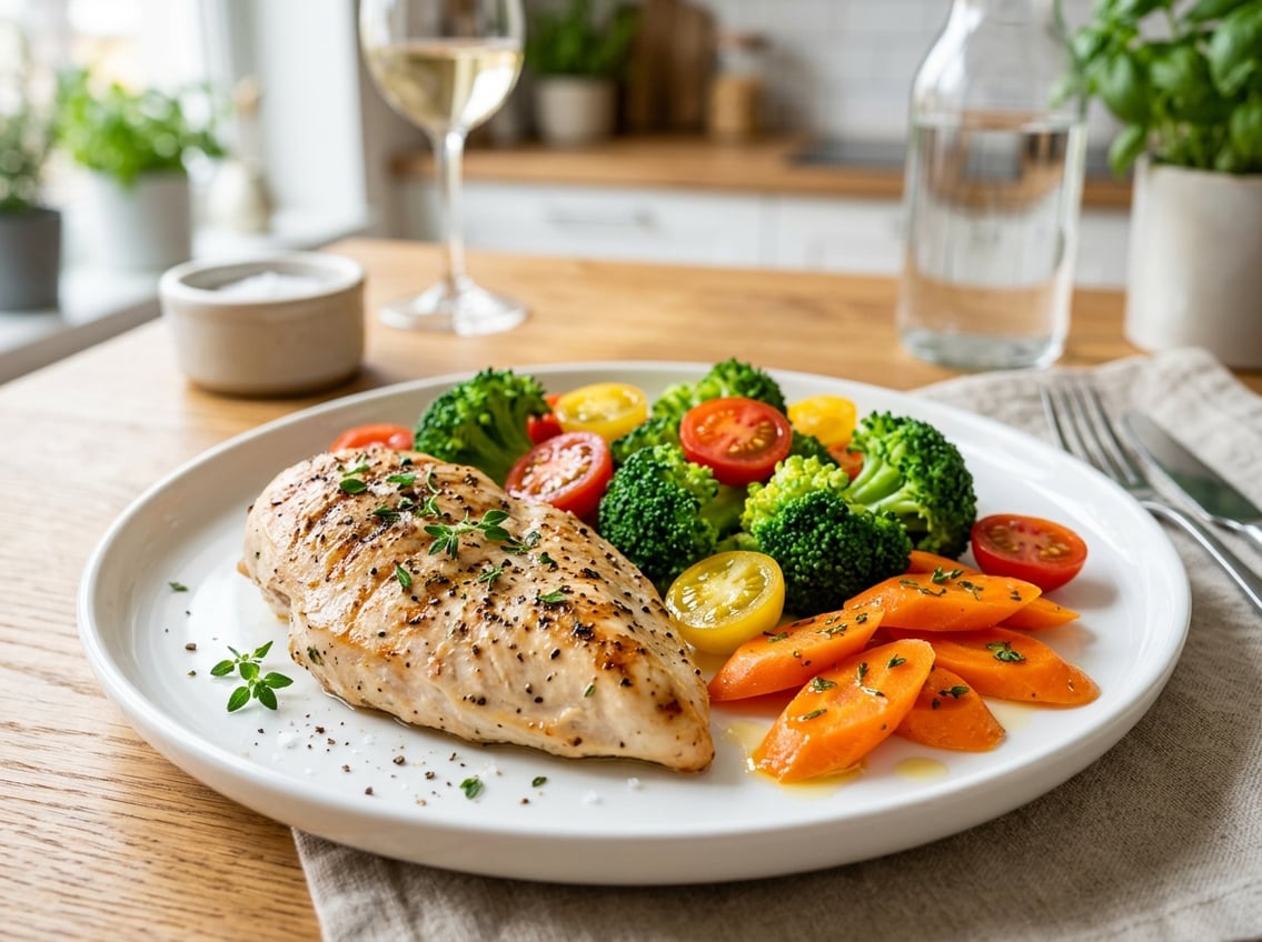 A cooked chicken breast on a white plate with steamed broccoli, cherry tomatoes, and sliced carrots on a dining table.
